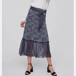 Loft Navy Blossomed Floral Mix Print Patterned Ruffle Midi Skirt Tie Waist Belt